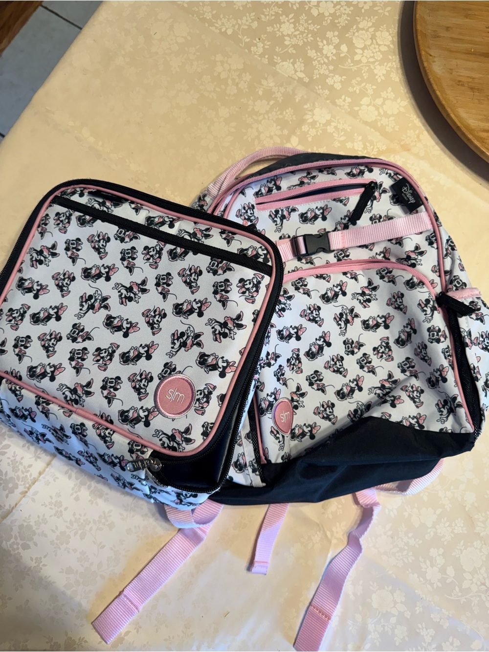 Pink & White Minnie Backpack & Lunchbox with Navy Lining